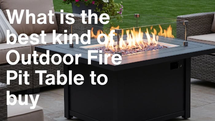 A square outdoor fire pit table with flames visible, surrounded by seating. Text overlay reads 