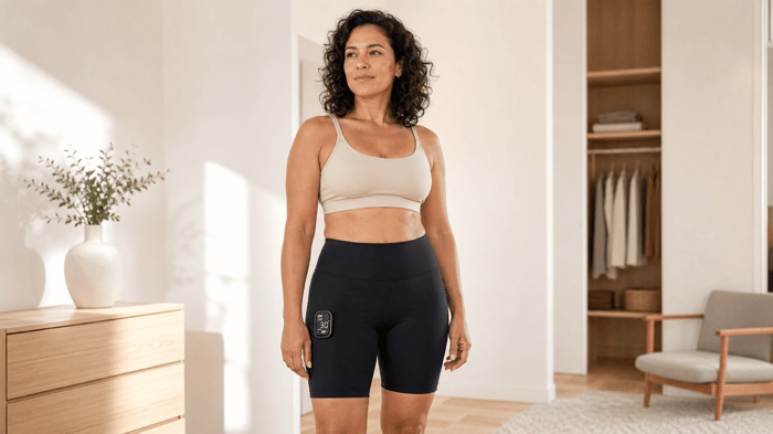 Woman wearing black INIA CURVIFY EMS toning shorts with the controller attached