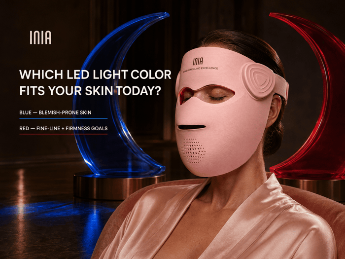 INIA GLOW 4D illustrating blue light for blemish-prone skin and red light for fine-line and firmness goals