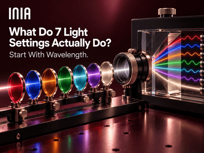 Seven colored light settings illustrating why LED masks should be evaluated by wavelength