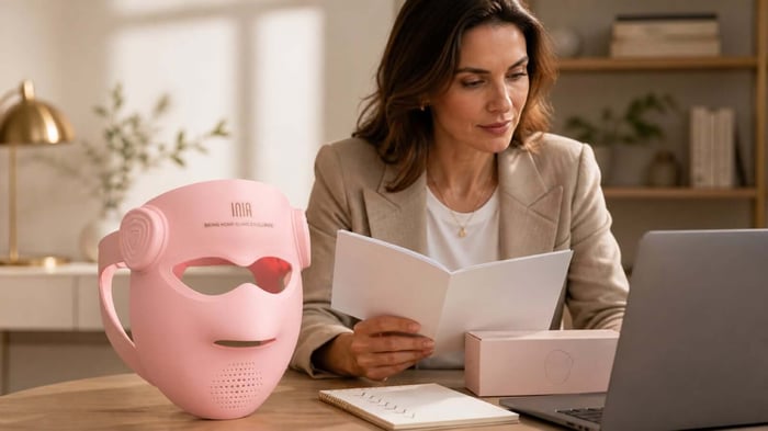 Woman reviewing the instructions for a pink INIA LED face mask beside a laptop