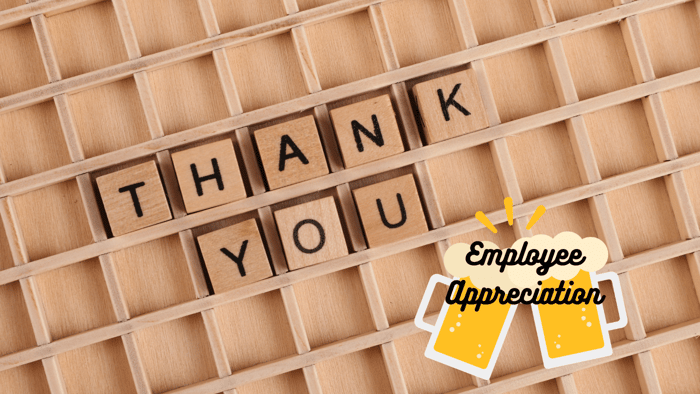 Thank you message with two beer mugs clinking together, symbolizing employee appreciation in the brewery industry.