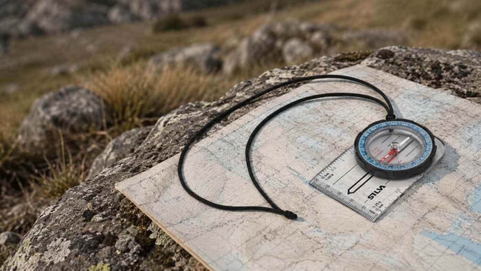 A Silva Compass Field MS Compass laid out on map outdoors