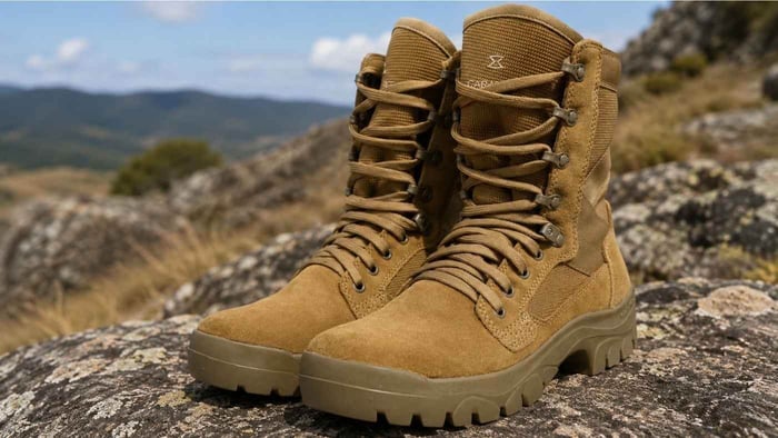 A pair of Garmont T8 Tactical Combat boots on terrain