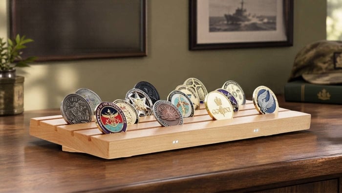 military challenge coins on stand