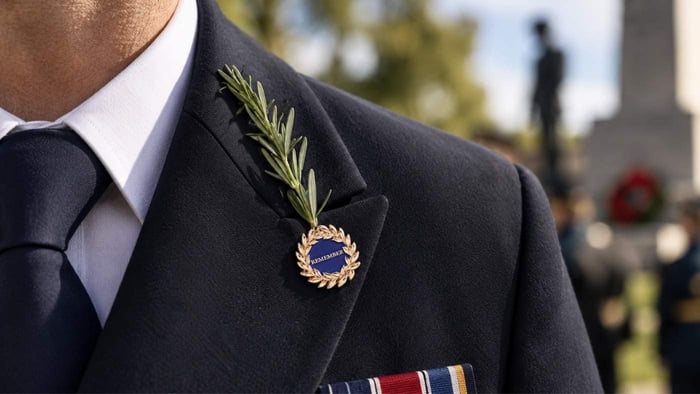 person wearing Always Remember Rosemary Carrier Lapel Pin