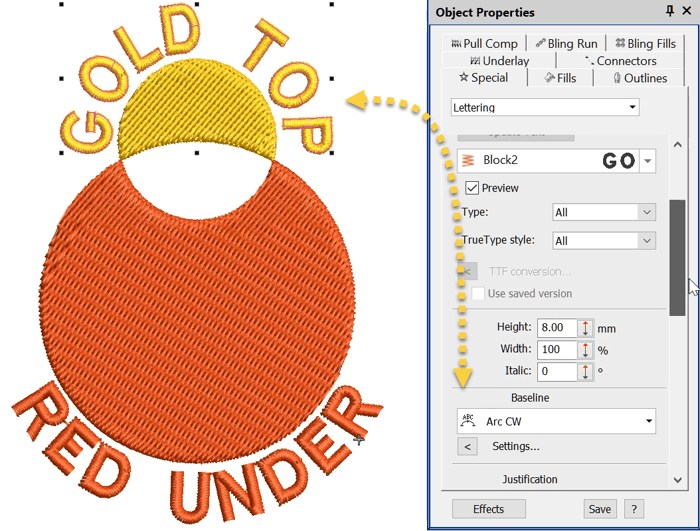 How do I create lettering on a curved line? ARC CW or ARC CCW