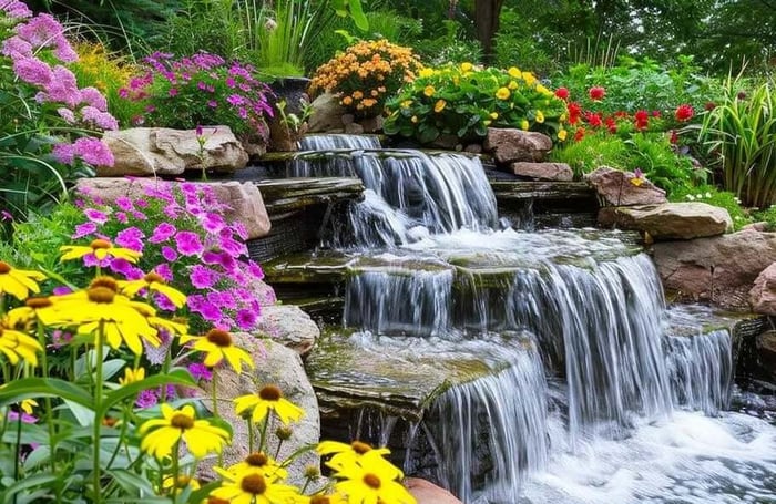 beautiful summer flowers surrounding pond waterfall