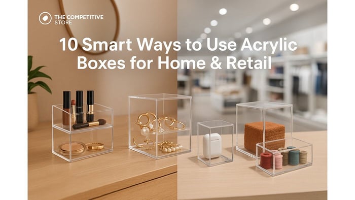 Acrylic boxes used for organizing makeup and jewelry at home and displaying products in a retail store setting