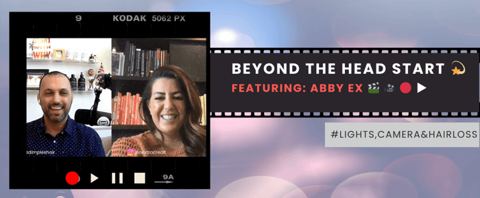 Blog header showcasing Abby Ex's experience with hair loss, emphasizing a narrative of lights and camera.