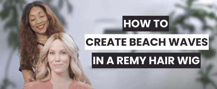 A stylist demonstrating how to create a beach wave wig style on a Remy hair lace front wig.