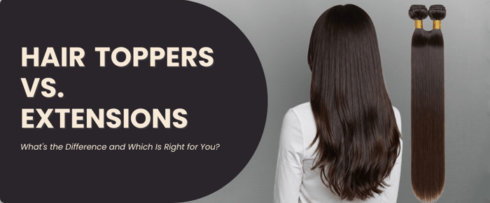 Comparison image illustrating hair toppers and extensions, highlighting their differences in style and application.