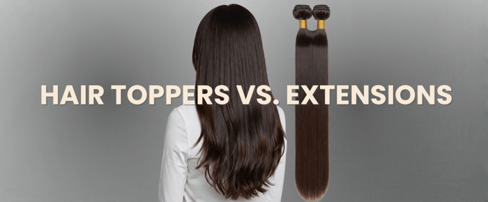 Comparison image illustrating hair toppers and extensions, highlighting their differences in style and application.