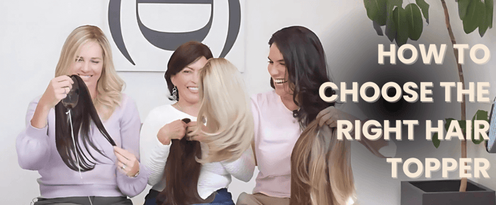 An image of three women holding different hair topper types and measuring their sizes.