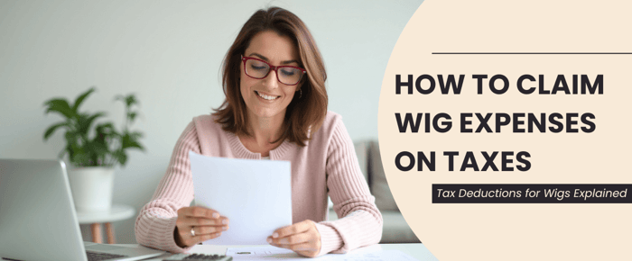 Woman calculating taxes with the text 'How to Claim Tax Deductions for Wigs' highlighting the importance of claiming wig expenses as tax-deductible.