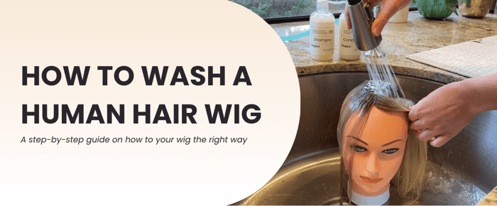 Step-by-step guide for washing a human hair wig correctly, highlighting key steps and recommended products for care.