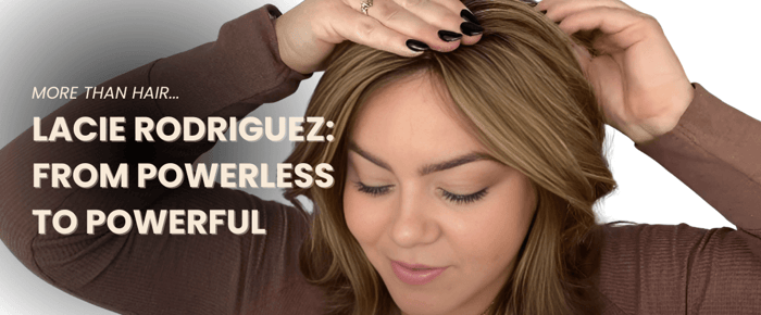 Lacie Rodriguez gently adjusting her Dimples hair topper, capturing a moment of quiet confidence and transformation.