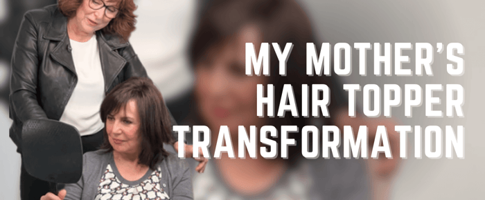 Woman smiling and holding a mirror with her stylist after a hair topper transformation.