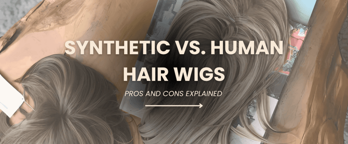 photo of 2 wigs and text showing synthetic vs human hair wigs