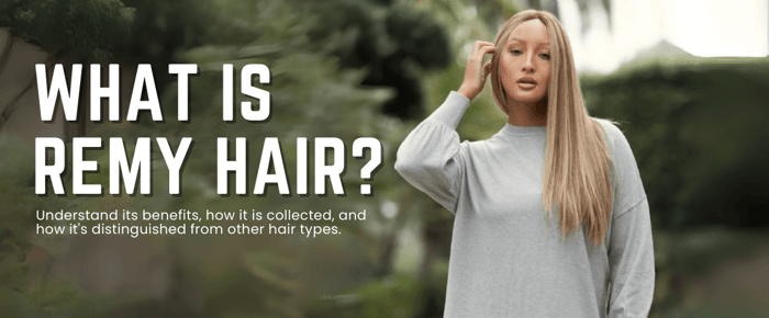 A woman wearing a Remy hair wig, showcasing its benefits, how it is collected, and how it's distinguished from other types.