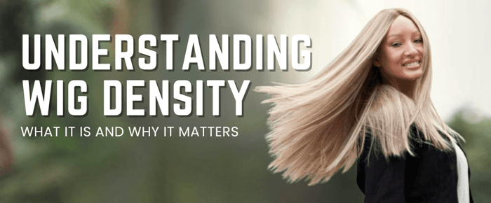 Header image for a blog on wig density, showing a woman outside with a realistic wig, emphasizing the subject matter.