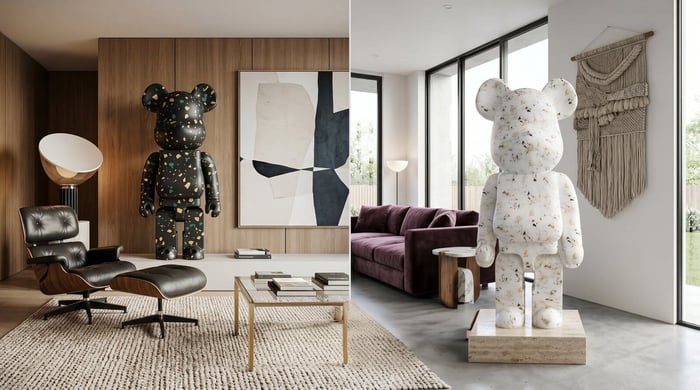 Bearbrick statue alternative — large bear sculpture comparison in styled interiors.