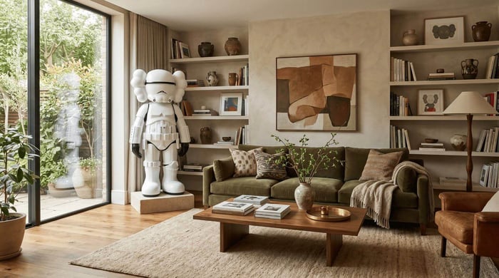 Interior sculpture for living room — designer statement piece anchoring a contemporary interior.