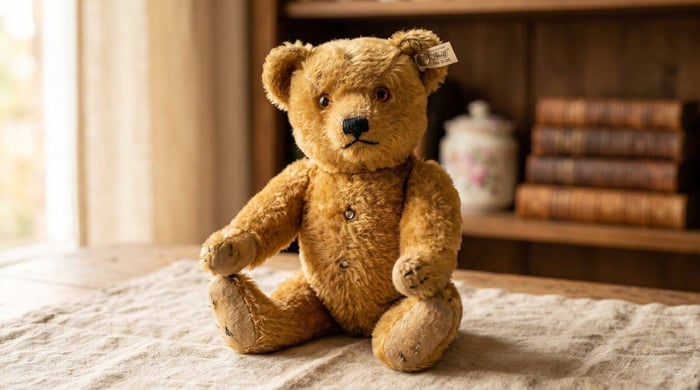 Original teddy bear history — vintage mohair bear photographed against a warm archival background.