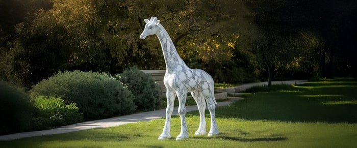 Mosaic-style giraffe sculpture standing on lush grass in a landscaped garden, blending artistic texture with natural scenery.