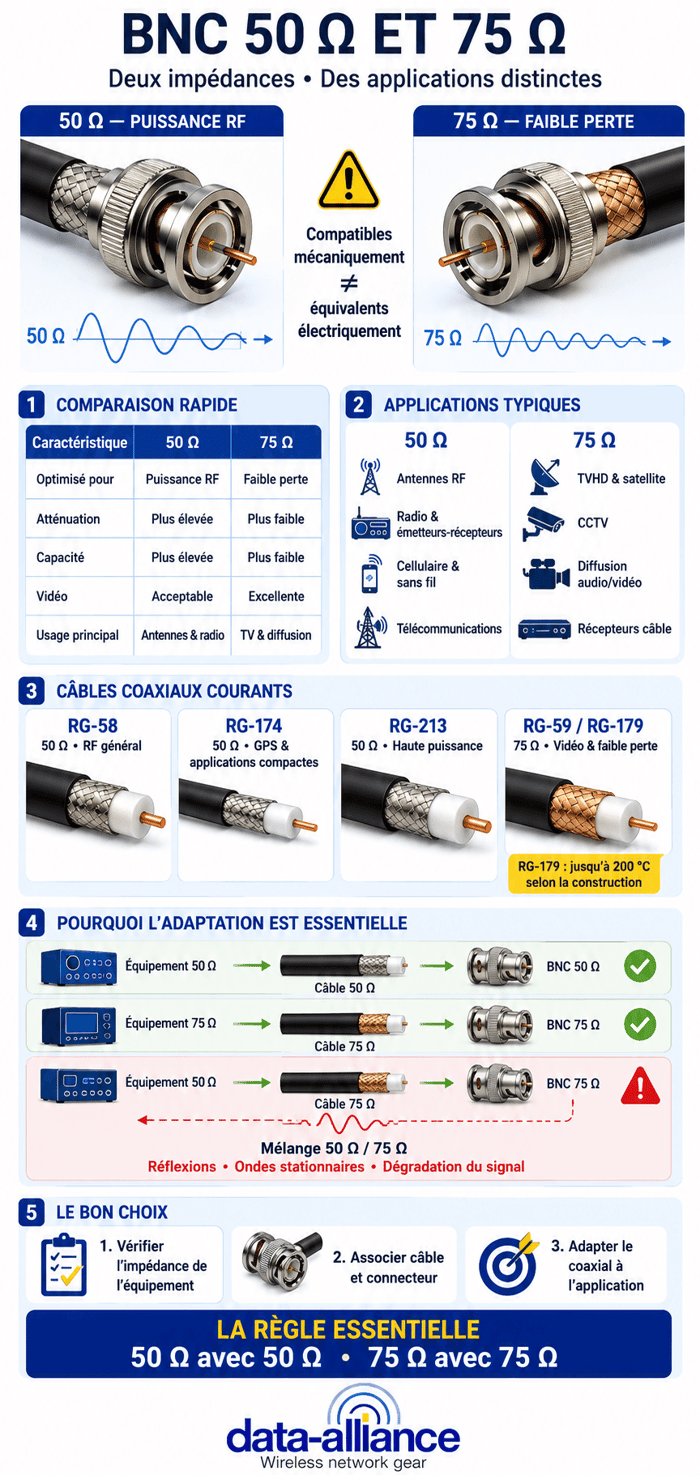 Câbles BNC 50 Ohm et 75 Ohm. Distinctions, applications et connecteurs.