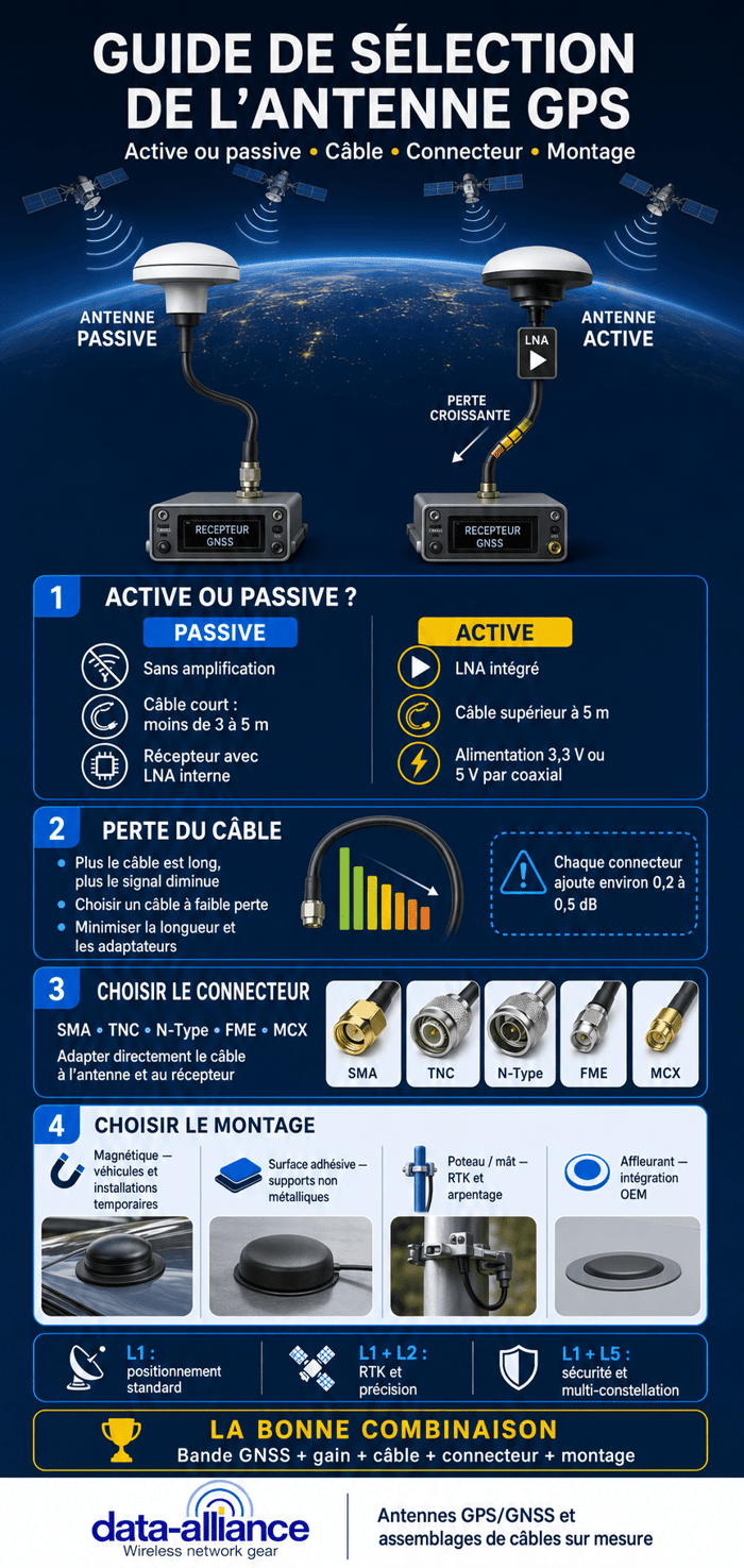 Guide de sélection de l'antenne GPS : Active vs passive, perte de signal du câble, connecteurs et montage