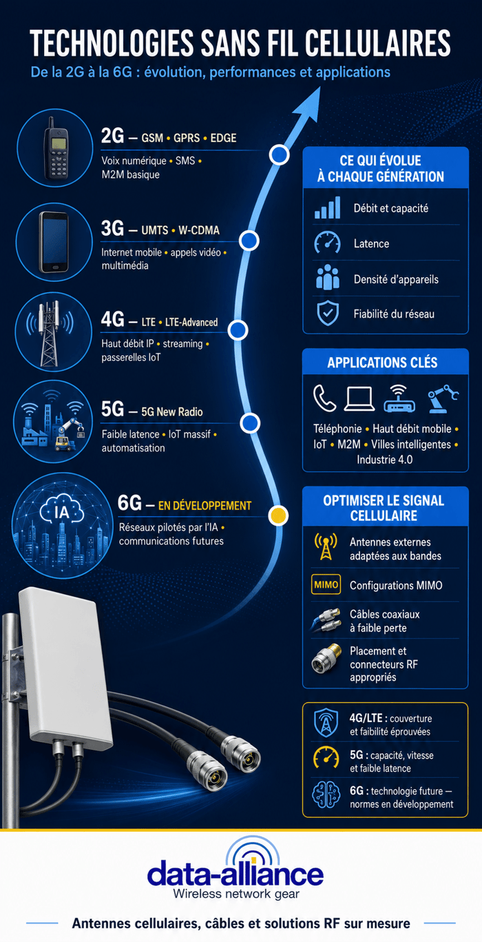 Technologies sans fil cellulaires: 5G, LTE / 4G, GSM / 3G, 2G et 6G