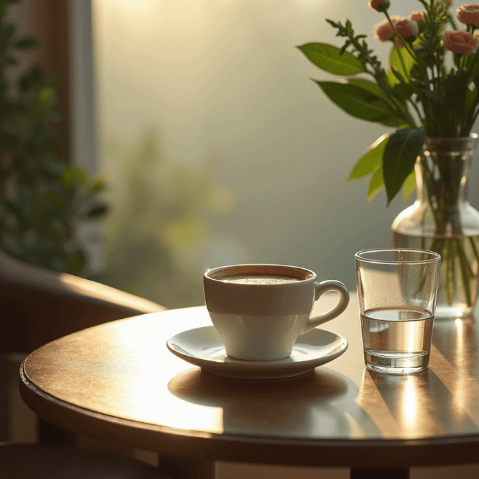 coffee and water on a table together while the morning sun shines in the window