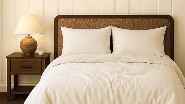 organic wool comforter on bed with soft white bedding, naturally hypoallergenic and breathable