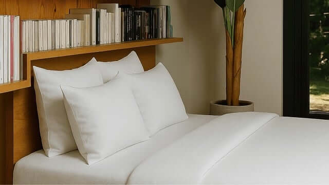 White bed with breathable bedding in calm bedroom, representing cooling vs breathable comforters for hot sleepers