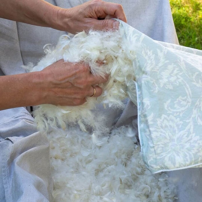 Hands removing loose down feathers from a comforter to show why are down comforters bad for allergies.