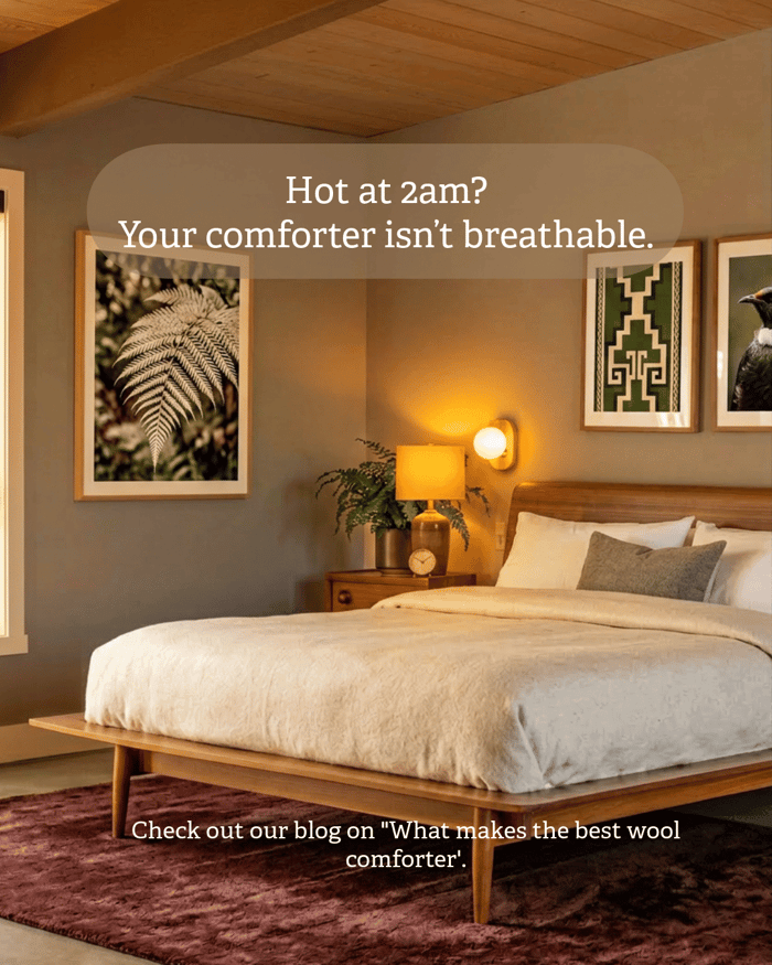Warm, minimal bedroom with wool comforter, illustrating breathable bedding for hot sleepers at night