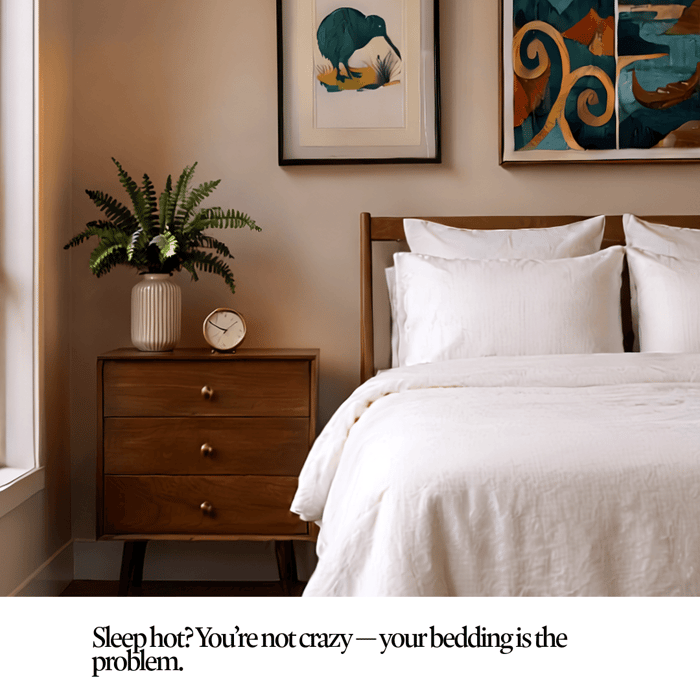 White bed with breathable bedding in calm bedroom, representing cooling vs breathable comforters for hot sleepers