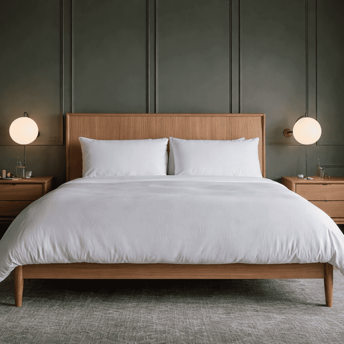 Cozy bed made with soft white organic cotton sheets and pillows in natural light, highlighting breathable, sustainable, and chemical-free bedding for a healthier sleep environment.