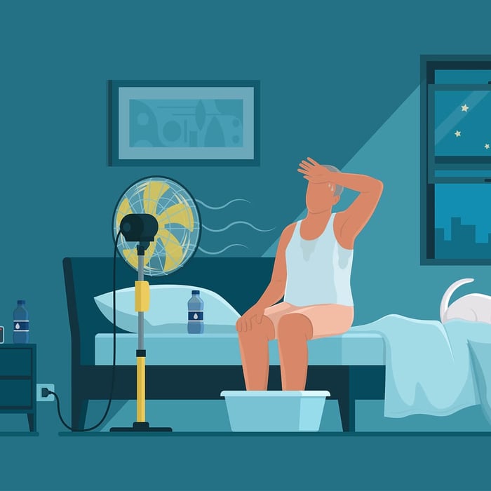 Illustration of a person who wake up sweaty in a hot bedroom, sitting on the bed with a fan running and visible heat waves in the air.