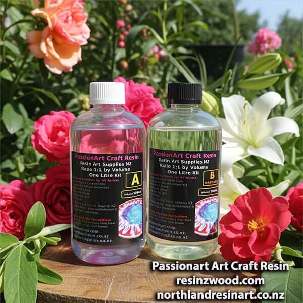 Two containers of Passionart Craft resin with flowers in the background. Image has web addresses on it as well.
