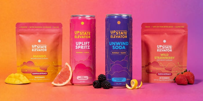 Kanna and kava gummies and beverages from Upstate Elevator on a colorful background