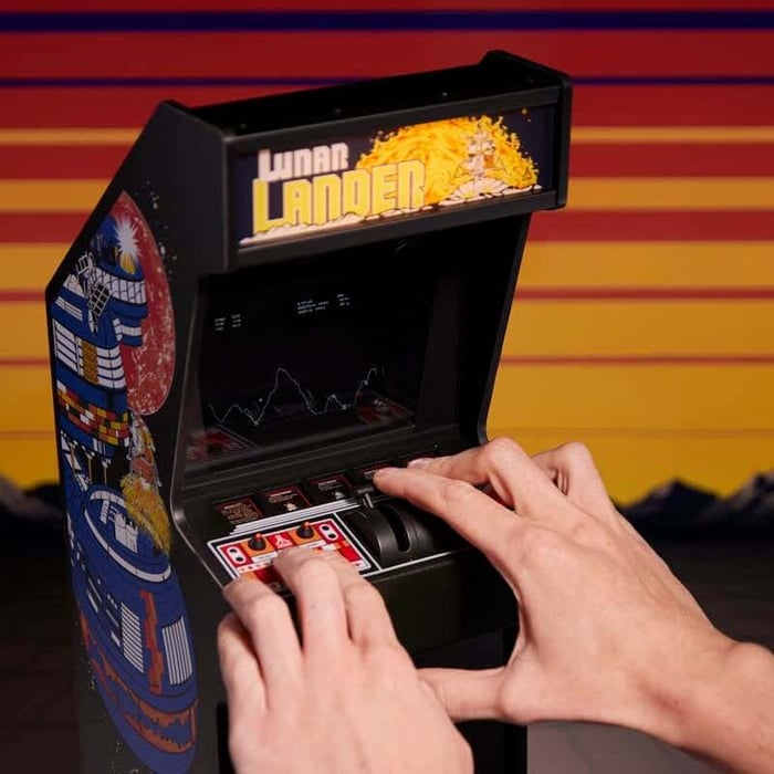 Playing Lunar Lander quarter arcade available from Just Geek