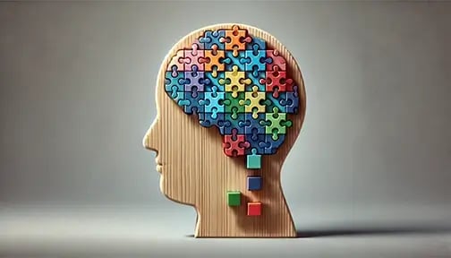 A conceptual digital illustration representing the cognitive process of chunking. The image features a wooden silhouette of a human head with colorful puzzle-like segments forming the brain. Small, multicolored cubes are grouped together, symbolizing