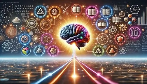 A futuristic digital illustration representing mnemonic devices for memory retention. The image features a glowing brain at the center, surrounded by colorful icons symbolizing different mnemonic techniques such as acronyms, imagery, and rhymes.
