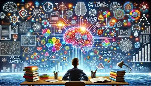 A student at a desk surrounded by floating mind maps, concept diagrams, and flashcards, symbolizing the power of visualization in learning. A glowing neural network connects ideas, with books, digital screens, and a brain hologram in the background.