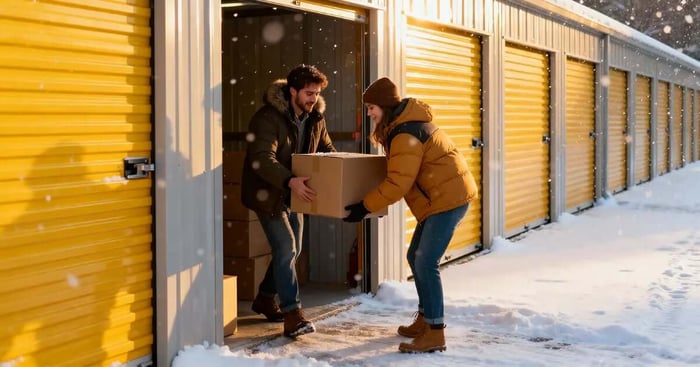 Couple using christmas storage ideas when packing their exterior storage unit at Storage Star