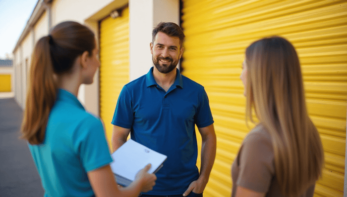 Man in a blue polo at a self storage facility is inquiring with two women about questions to ask before renting a self storage unit.