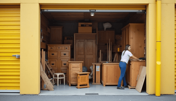 Woman storing wood furniture in non climate controlled storage