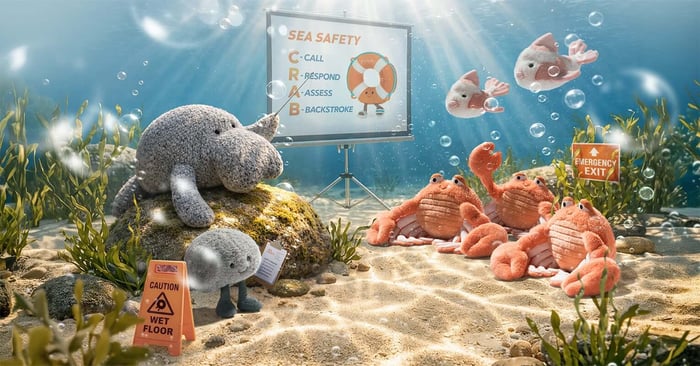 On the sea bed, Maffles Manatee takes a class of Fancy Carps and Pinchsnap Crabs through a sign displaying the 4 Sea Safety points of CRAB: Call, Respond, Assess, Backstroke.